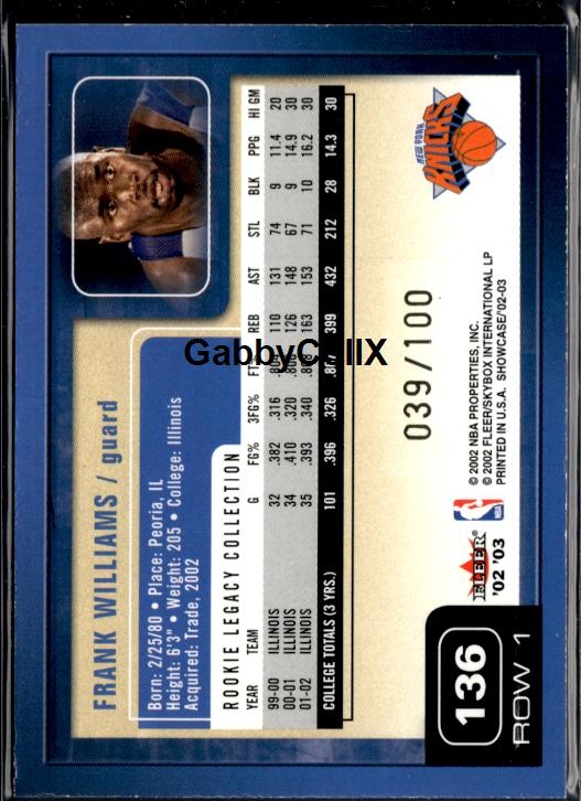 2002-03 Fleer Showcase #136 Frank Williams Legacy #/100 #ixtf - Back