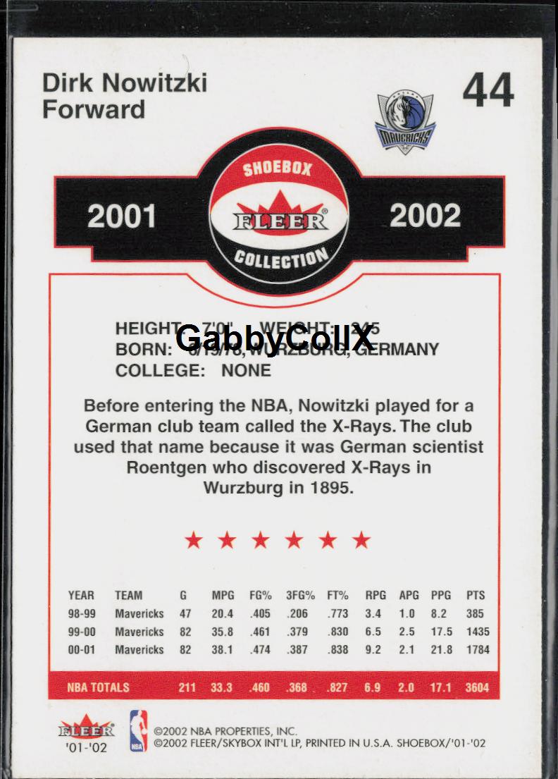 2001-02 Fleer Shoebox #44 Dirk Nowitzki #rd1t - Back