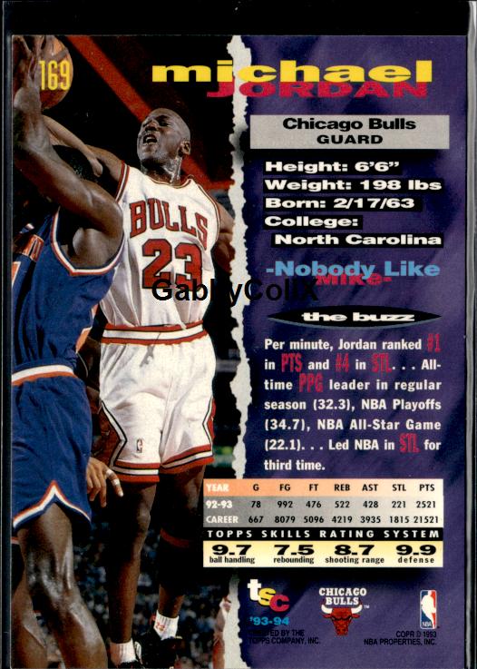 1993-94 Stadium Club #169 Michael Jordan #iuan - Back