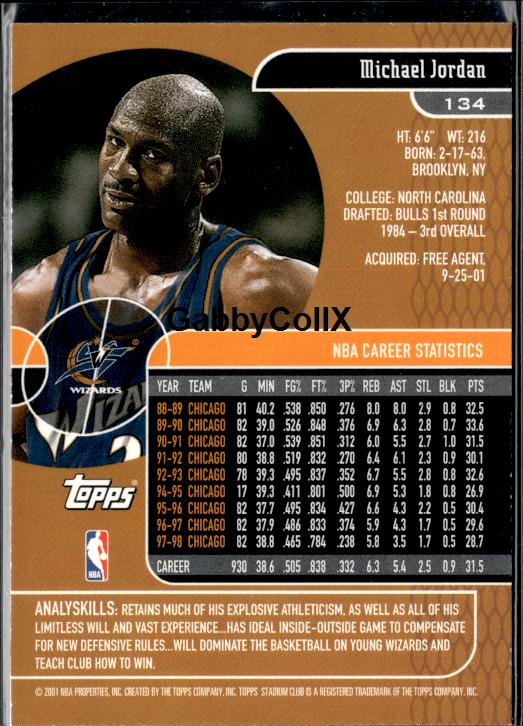 2001-02 Stadium Club #134 Michael Jordan #ivau - Back