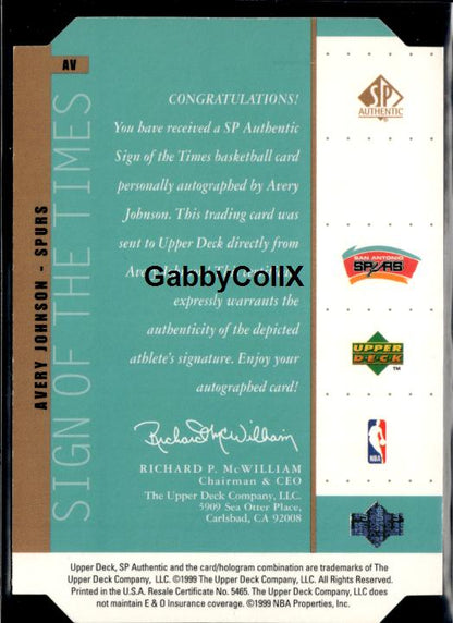 1998-99 SP Authentic #AV Avery Johnson Sign of the Times Bronze #ixjv - Back