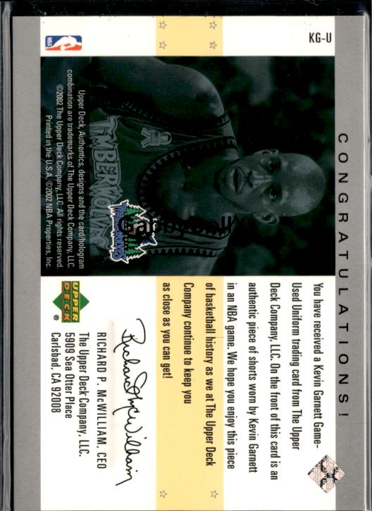 2002-03 UD Authentics #KG-U Kevin Garnett Uniform Greatness #ixnz - Back