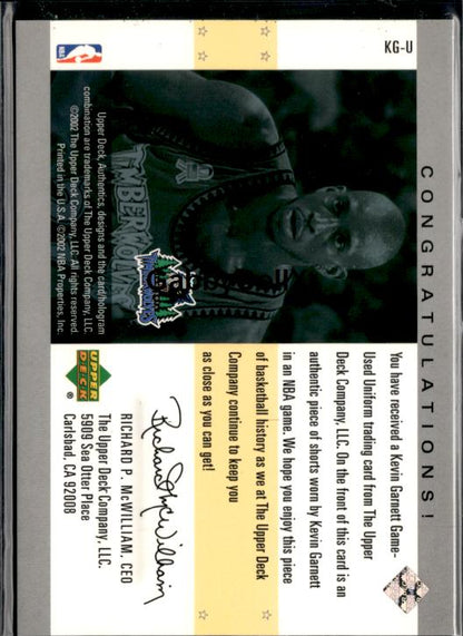 2002-03 UD Authentics #KG-U Kevin Garnett Uniform Greatness #ixnz - Back