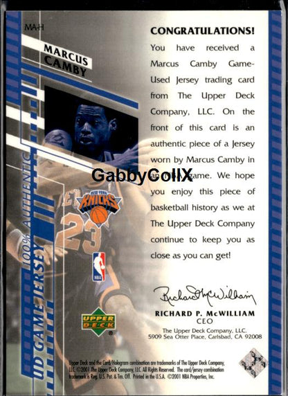 2000-01 Upper Deck #MA-H Marcus Camby UD Game Jerseys (Series Two) #ixrn - Back