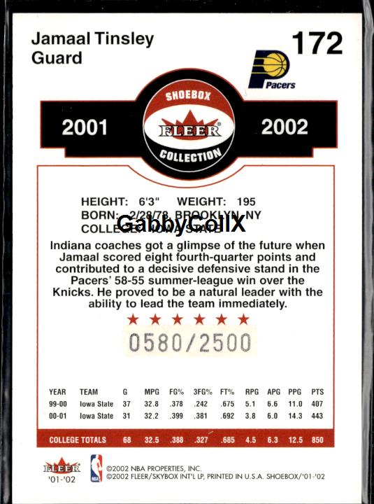 2001-02 Fleer Shoebox #172 Jamaal Tinsley #/2500 #ixt3 - Back