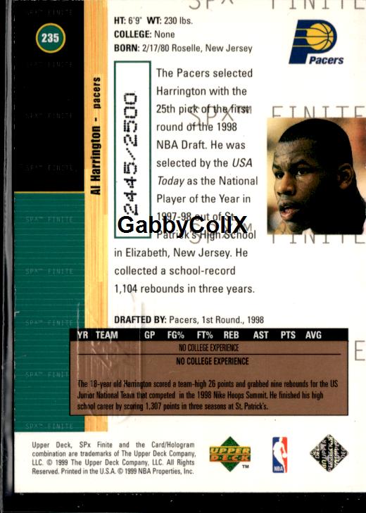 1998-99 Upper Deck #235 Al Harrington 1998-99 SPx Finite Rookie Update #/2500 #ixt9 - Back