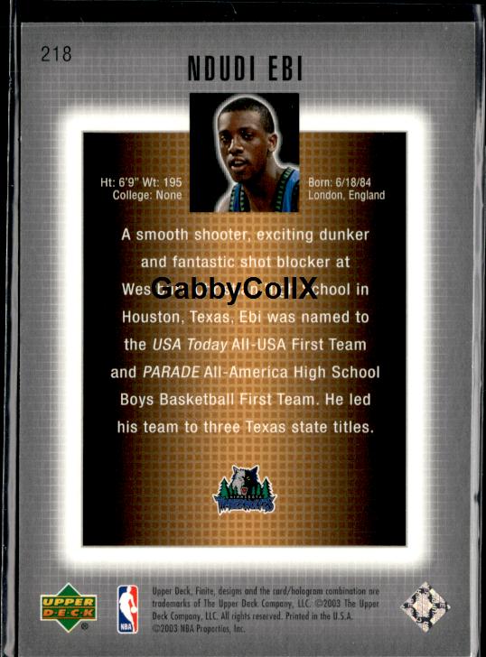 2003-04 Upper Deck Finite #218 Ndudi Ebi #/1500 #ixto - Back