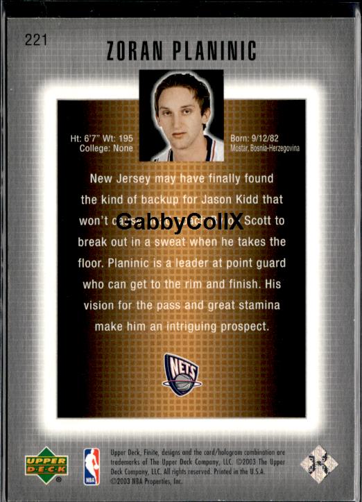 2003-04 Upper Deck Finite #221 Zoran Planinic #/1500 #ixu2 - Back