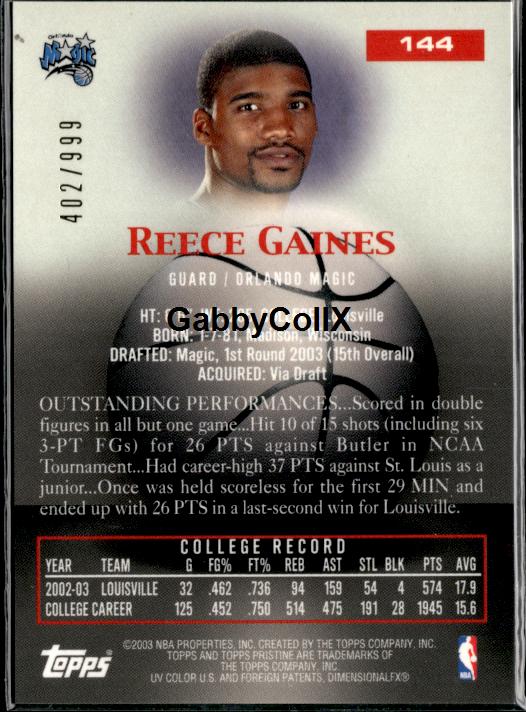 2003-04 Topps Pristine #144 Reece Gaines #/999 #ixu6 - Back