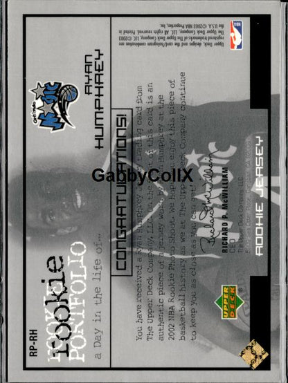 2002-03 Upper Deck #RP-RH Ryan Humphrey Rookie Portfolio Jerseys #ixup - Back