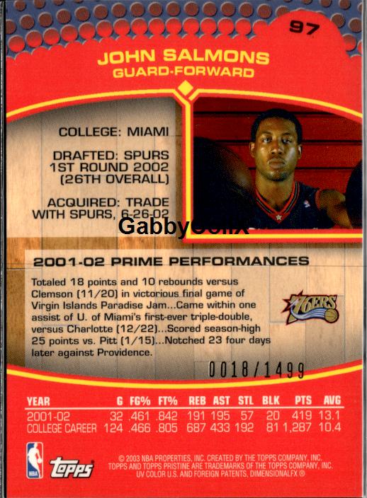 2002-03 Topps Pristine #97 John Salmons #/1499 #ixx0 - Back