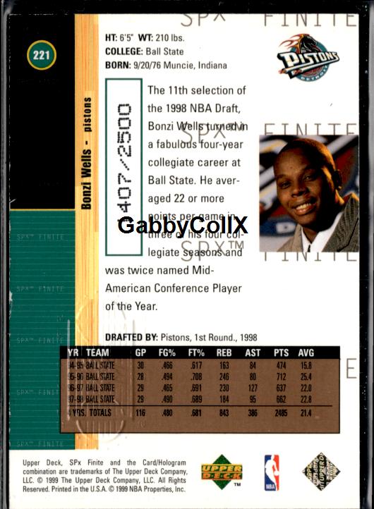 1998-99 Upper Deck #221 Bonzi Wells 1998-99 SPx Finite Rookie Update #/2500 #ixy2 - Back
