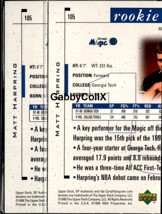 1998-99 SP Authentic #105 Matt Harpring #/3500 #ixy7 - Back