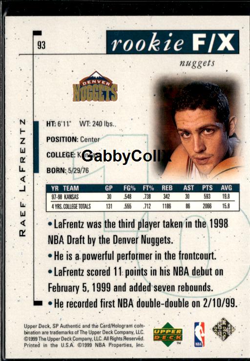 1998-99 SP Authentic #93 Raef LaFrentz #/3500 #ixyc - Back