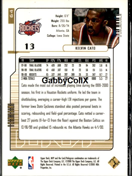 2000-01 Upper Deck MVP #64 Kelvin Cato Gold Script #/100 #ixyg - Back