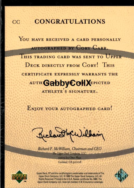 1998 SP Top Prospects #CC Cory Carr Vital Signs #ixyk - Back