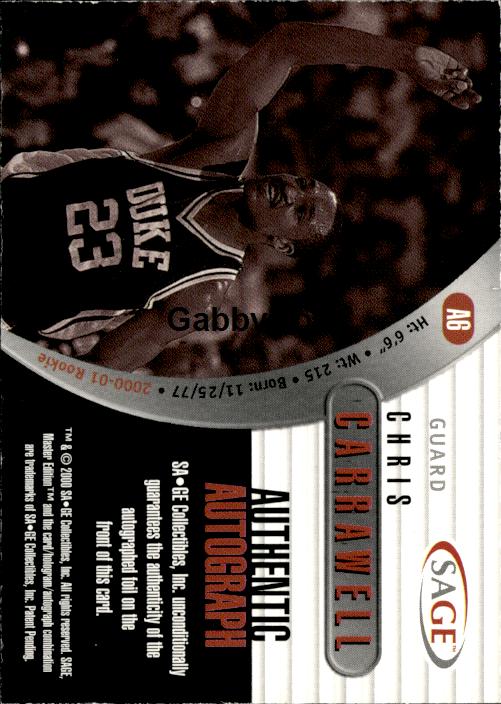 2000 SAGE #A6 Chris Carrawell Autographs #/999 #ixyr - Back