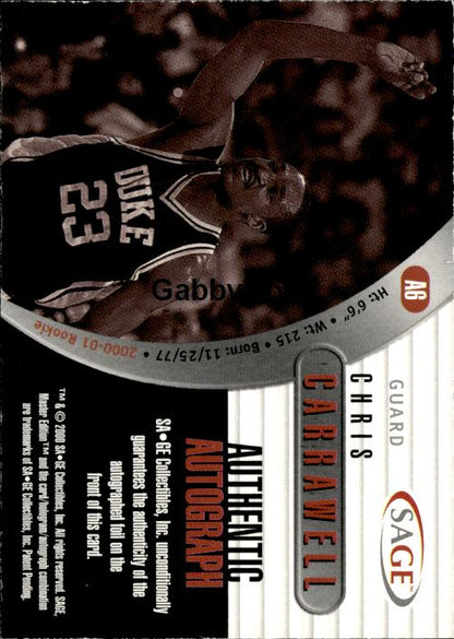 2000 SAGE #A6 Chris Carrawell Autographs #/999 #ixyr - Back