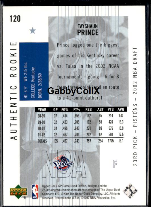 2002-03 SP Game Used #120 Tayshaun Prince #/900 #ixz2 - Back