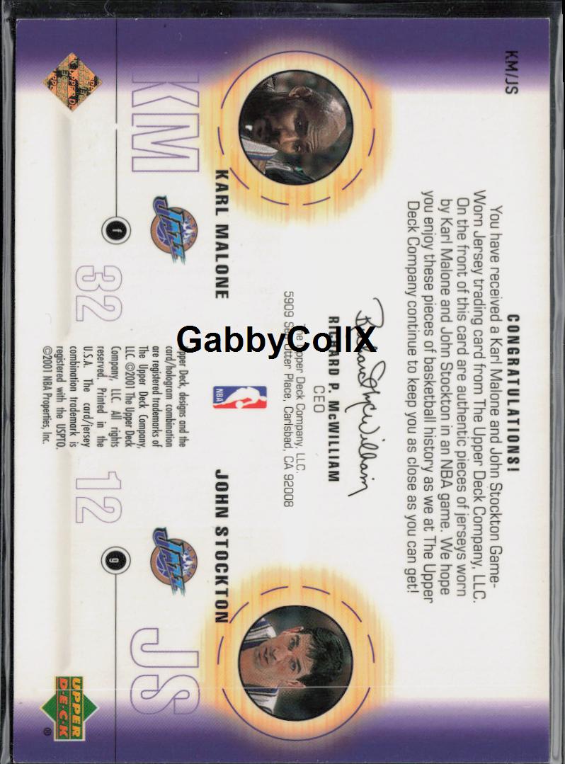 2001-02 Upper Deck #KM/JS Karl Malone / John Stockton MEM Game Jersey Combos #o6tr - Back