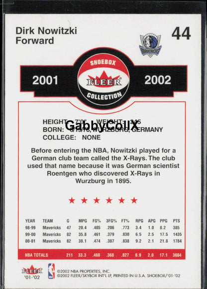 2001-02 Fleer Shoebox #44 Dirk Nowitzki #rd1t - Back
